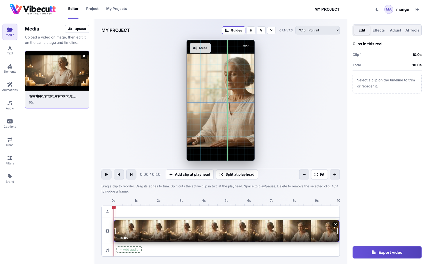 The VibeCut timeline editor: media library on the left, a portrait 9:16 preview in the center, and clip/caption controls on the right.